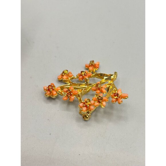 Vintage Gold Tone Floral Brooch with Coral & Citrine Gemstone Chips Twig Branch - Picture 5 of 7